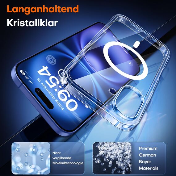 TAURI für iPhone 16 Hülle 6,1" mit Panzer Schutz Glas Folie, Kompatibel mit MagSafe, Schutz nach Militärstandard, [Anti-Vergilbung] Stoßfest Magnetisch Handyhülle - Durchsichtig