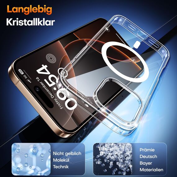 TAURI für iPhone 16 Pro Hülle 6,3" mit Panzer Schutz Glas Folie, Kompatibel mit MagSafe, Schutz nach Militärstandard, [Anti-Vergilbung] Stoßfest Magnetisch Handyhülle - Durchsichtig