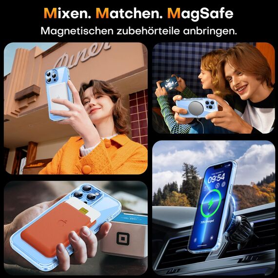 TAURI für iPhone 13 Pro Max Hülle 6,7" mit Panzer Schutz Glas Folie, Kompatibel mit MagSafe, Schutz nach Militärstandard, [Anti-Vergilbung] Stoßfest Magnetisch Handyhülle - Durchsichtig