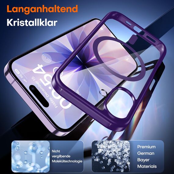 TAURI für iPhone 17 Hülle 6,3" mit Panzer Schutz Glas Folie, Kompatibel mit MagSafe, Schutz nach Militärstandard, [Anti-Vergilbung] Stoßfest Transparent Magnetisch Handyhülle - Dunkellila