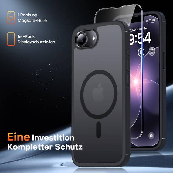 TAURI für iPhone 17e / iPhone 16e Hülle 6,1" mit Panzer Schutz Glas Folie, Kompatibel mit MagSafe, Schutz nach Militärstandard, [Anti-Vergilbung] Stoßfest Magnetisch Handyhülle - Matt Schwarz