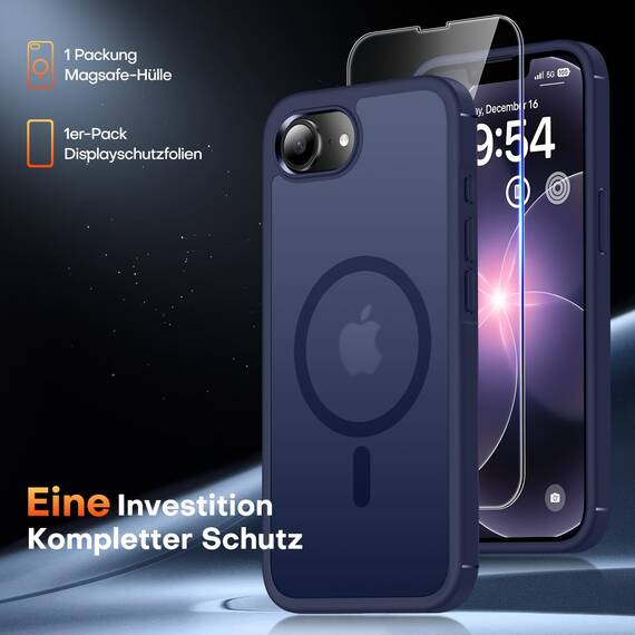 TAURI für iPhone 17e / iPhone 16e Hülle 6,1" mit Panzer Schutz Glas Folie, Kompatibel mit MagSafe, Schutz nach Militärstandard, [Anti-Vergilbung] Stoßfest Magnetisch Handyhülle - Matt Marineblau