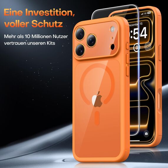 TAURI für iPhone 17 Pro Hülle 6,3" mit Panzer Schutz Glas Folie, Kompatibel mit MagSafe, Vollständiger Kameraschutz, Stoßfest Militärstandard Magnetisch Handyhülle - Orange