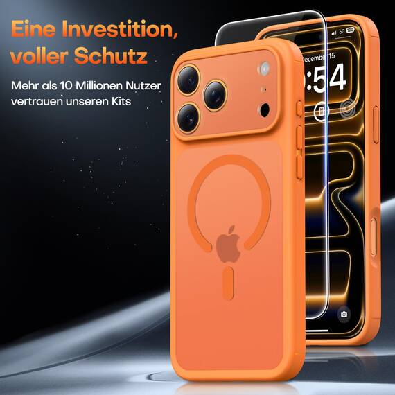 TAURI für iPhone 17 Pro Max Hülle 6,9" mit Panzer Schutz Glas Folie, Kompatibel mit MagSafe, Vollständiger Kameraschutz, Stoßfest Militärstandard Magnetisch Handyhülle - Matt Orange