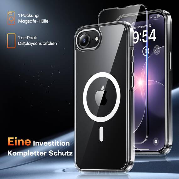 TAURI für iPhone 17e / iPhone 16e Hülle 6,1" mit Panzer Schutz Glas Folie, Kompatibel mit MagSafe, Schutz nach Militärstandard, [Anti-Vergilbung] Stoßfest Magnetisch Handyhülle - Durchsichtig
