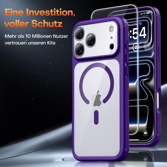 TAURI für iPhone 17 Pro Hülle 6,3" mit Panzer Schutz Glas Folie, Kompatibel mit MagSafe, Vollständiger Kameraschutz, Stoßfest Militärstandard Magnetisch Handyhülle - Dunkellila