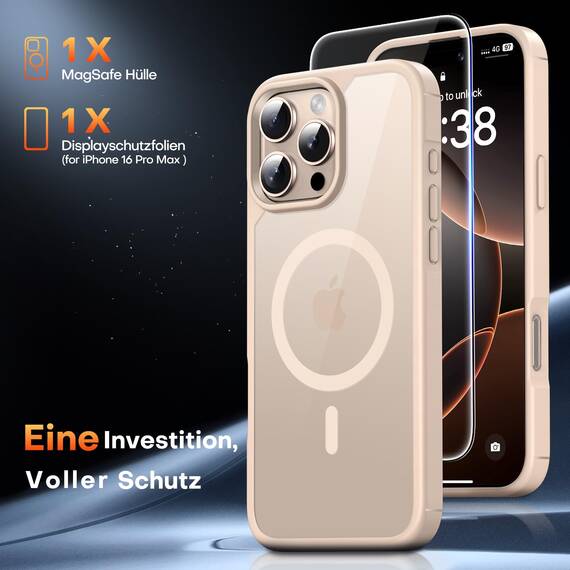 TAURI für iPhone 16 Pro Max Hülle 6,9" mit Panzer Schutz Glas Folie, Kompatibel mit MagSafe, Schutz nach Militärstandard, [Anti-Vergilbung] Stoßfest Magnetisch Handyhülle - Wüstensand