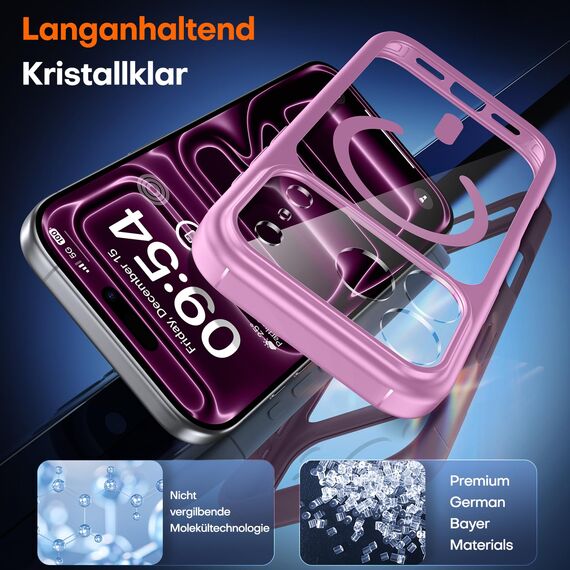 TAURI für iPhone 17 Pro Hülle 6,3" mit Panzer Schutz Glas Folie, Kompatibel mit MagSafe, Vollständiger Kameraschutz, Stoßfest Militärstandard Magnetisch Handyhülle - Rosa