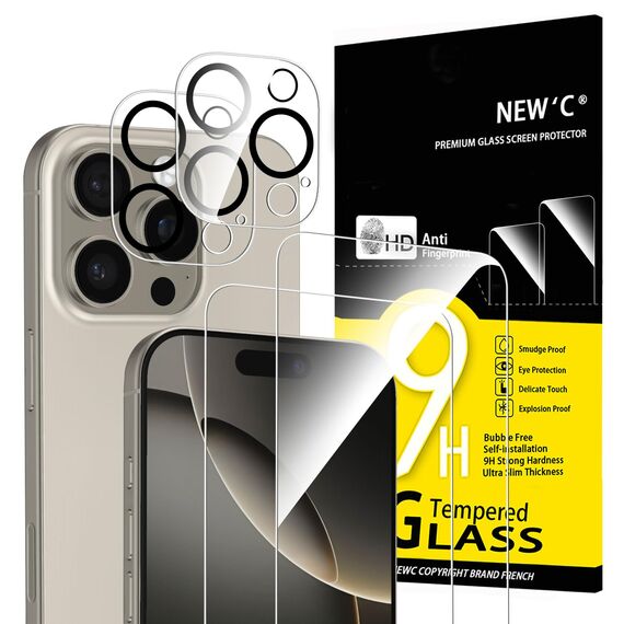 NEW'C für iPhone 16 Pro für Panzerglas 6,3 Zoll (2 Stück) und 2 x Kamera Panzer Schutz für Kameraschutz (2 Stück) -Kratzfest -extrem widerstandsfähig -9H-Härteglas