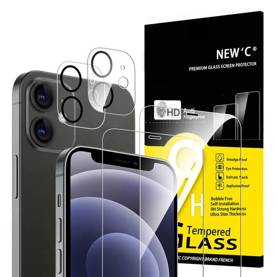 NEW'C für iPhone 12 Mini für Panzerglas (2 Stück) und Kamera Panzer Schutz Glas für Kameraschutz (2 Stück) - kratzfest - keine Luftblasen - extrem widerstandsfähig - 9H-Härteglas