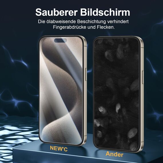 NEW'C 3 Stück für iPhone 15 Pro Max für Panzerglas (6,7 Zoll), Frei von Kratzern, 9H Härte, HD Displayschutzfolie, Ultra-klar, Ultrabeständig -Einfaches Installationswerkzeug enthalten