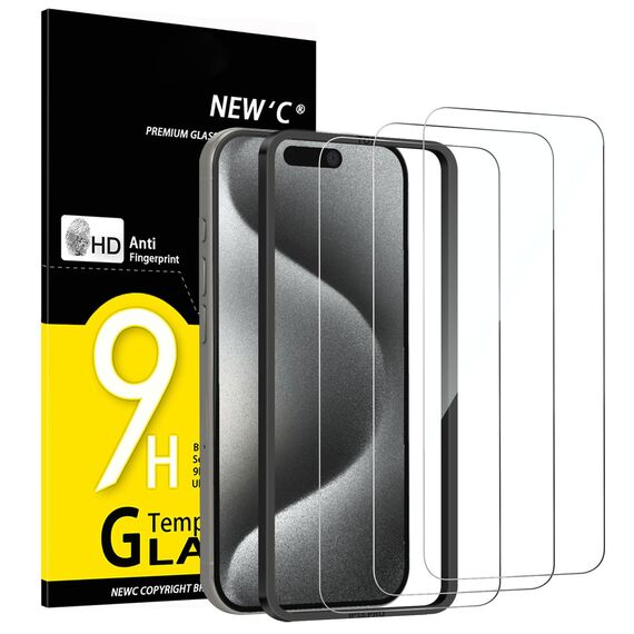 NEW'C 3 Stück für iPhone 15 Pro für Panzerglas (6,1 Zoll), Frei von Kratzern, 9H Härte, HD Displayschutzfolie, Ultra-klar, Ultrabeständig -Einfaches Installationswerkzeug enthalten