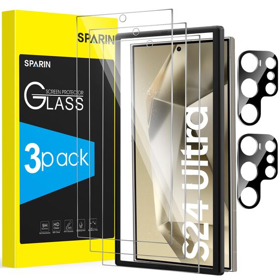 SPARIN für Samsung Galaxy S24 Ultra Panzer Schutz Glas, 3+2 Stück Schutzfolie und Kameraschutz mit Montage Rahmen, Fingerabdruck-ID Kompatibel, 9H Härte