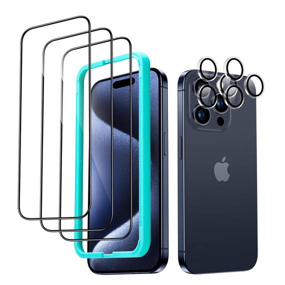 ESR für iPhone 15 Pro für Panzerglas, 3 Displayschutzfolien aus gehärtetem Glas und 2 Set einzelner Kamera Schutzfolien, 2,5D gebogene Kanten, vollständiger Militärnorm Schutz, kratzfest