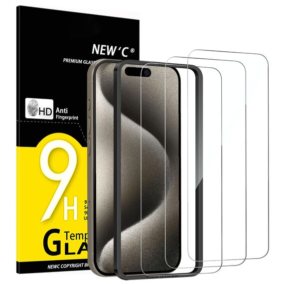 NEW'C 3 Stück für iPhone 15 Pro Max für Panzerglas (6,7 Zoll), Frei von Kratzern, 9H Härte, HD Displayschutzfolie, Ultra-klar, Ultrabeständig -Einfaches Installationswerkzeug enthalten