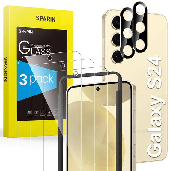 SPARIN für Samsung Galaxy S24 Panzer Schutz Glas, 3 Stück Schutzfolie und 2 Stück Kameraschutz, mit Rahmen Positionierhilfe, Fingerabdruck-ID Unterstützen, 3+2 Stück, 9H Härte, Ultra-Klar