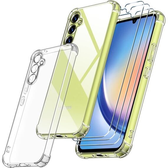ivoler Klar Hülle für Samsung Galaxy A34 5G mit 3 Stück Panzer Schutz Glas, Dünne Weiche TPU Silikon Transparent Stoßfest Schutzhülle Durchsichtige Kratzfest Handyhülle Case Cover