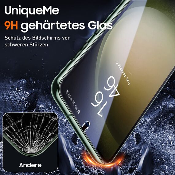 UniqueMe für Samsung Galaxy S23 für Panzerglas, 2 Stück Displayschutz und 2 Stück Kameraschutz, Bruchsichere Schutzfolie für Samsung S23, Leicht anzubringen, Keine Blasen, 9H-Härte, HD-Klar