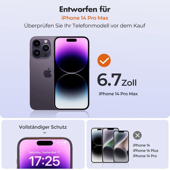 UNBREAKcable Panzer Schutz Glas iPhone 14 Pro Max [3 Stück] Schutzfolie, 9H Härte Schutzglas, 2.5D Double Defense Displayschutzfolie, Kratzfest, Anti-Fingerprint und blasenfrei