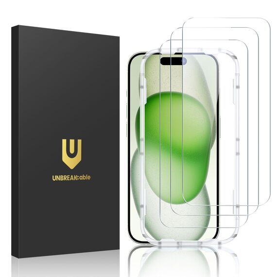 UNBREAKcable Displayschutzfolie für iPhone 15 Plus, doppelt bruchsicheres gehärtetes Glas, einfache Installation, 9H Härte, 99,99% HD-Klarheit, hüllenfreundlich, für iPhone 6,7 Zoll, 3 Stück