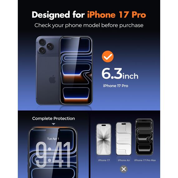 UNBREAKcable Schutzglas für iPhone 17 Pro (6,3 Zoll), 3 Stück für Panzerglas, 9H Härte Schutzfolie, Blasenfrei, mit Installationsrahmen, Ultradünn, 99,9% HD-Klarheit, hüllenfreundlich