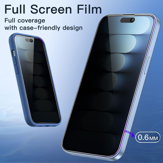 JETech Sichtschutz Full Screen für iPhone 15 Plus 6,7 Zoll, Schwarzer Rand Anti-Spy Panzer Schutz Glas Folie mit Einfacher Installationswerkzeug, Hülle-Freundlich, 2 Stück