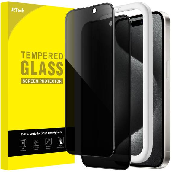 JETech Sichtschutz Full Screen für iPhone 15 Pro 6,1 Zoll, Schwarzer Rand Anti-Spy Panzer Schutz Glas Folie mit Einfacher Installationswerkzeug, Hülle-Freundlich, 2 Stück