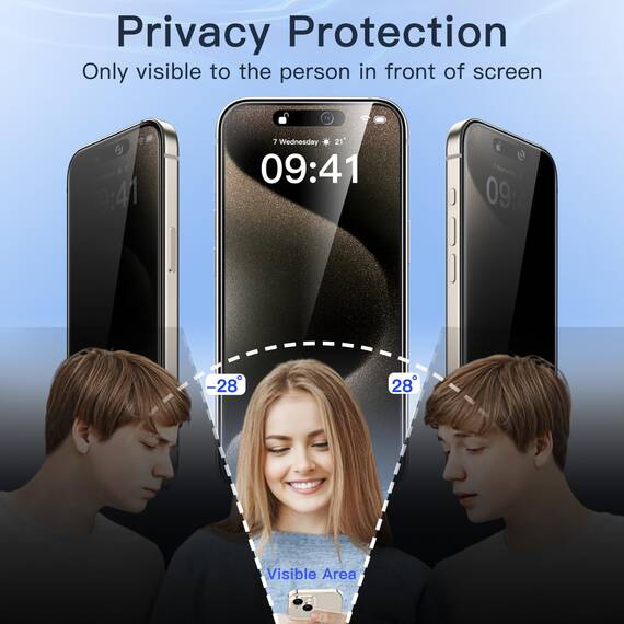 JETech Sichtschutz Full Screen für iPhone 15 Pro 6,1 Zoll, Schwarzer Rand Anti-Spy Panzer Schutz Glas Folie mit Einfacher Installationswerkzeug, Hülle-Freundlich, 2 Stück