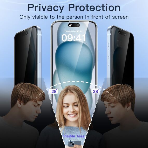 JETech Sichtschutz Full Screen für iPhone 15 Plus 6,7 Zoll, Schwarzer Rand Anti-Spy Panzer Schutz Glas Folie mit Einfacher Installationswerkzeug, Hülle-Freundlich, 2 Stück