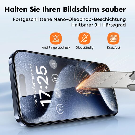 UNBREAKcable Displayschutzfolie Kompatibel mit iPhone 15 Pro Max [3er Pack], 2.5D Double Defense Schutz Glas, Kratzfest, Anti-Fingerprint, blasenfrei, Clear