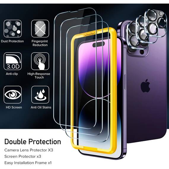 ivoler 3+3 Stück Panzer Schutz Glas Kompatibel für iPhone 14 Pro Max 6.7 Zoll, 3 Stücke Schutzfolie Mit 3 Stück Kameraschutz und Positionierhilfe, 9H Härte, HD Klar, Anti-Kratz, Anti-Bläschen
