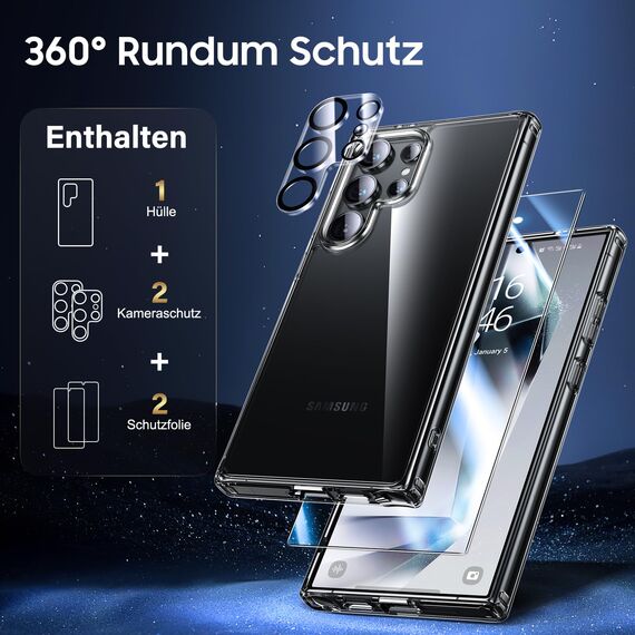 UniqueMe für Samsung Galaxy S24 Ultra Hülle, 5-in-1-Set Handyhülle für Samsung S24 Ultra Case Rundumschutz Schutzhülle Cover,1 Handyhülle & 2 Schutzfolie & 2 Kameraschutz - Transparent
