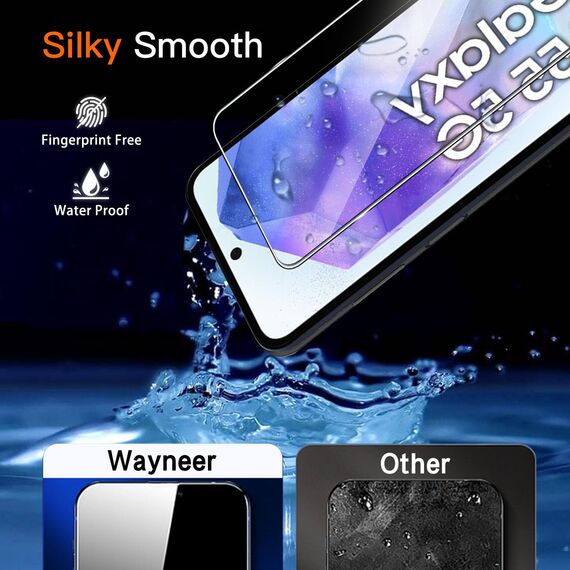Wayneer Schutzfolie für Samsung Galaxy A55 5G für Panzerglas mit Rahmen Positionierhilfe, 3 Stück Panzer Schutz Glas & 3 Stück Kameraschutz, Anti-Kratzen Folie 9H Härte HD Folie