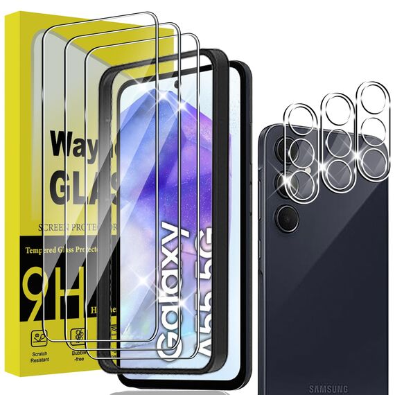Wayneer Schutzfolie für Samsung Galaxy A55 5G für Panzerglas mit Rahmen Positionierhilfe, 3 Stück Panzer Schutz Glas & 3 Stück Kameraschutz, Anti-Kratzen Folie 9H Härte HD Folie