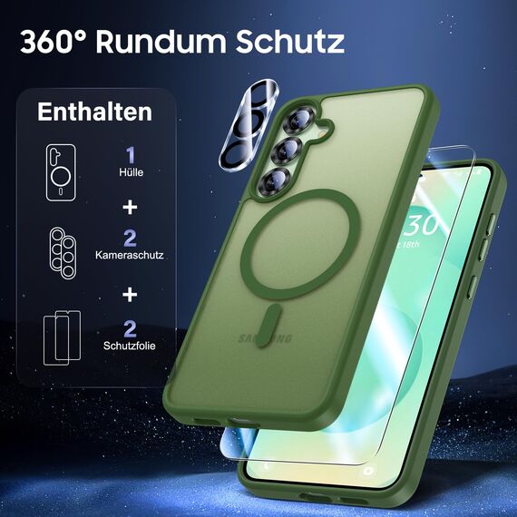 UniqueMe für Samsung Galaxy S25 Hülle - Handyhülle für Samsung Galaxy S25 Case, 5 in 1 Set Rundumschutz Schutzhülle Cover,1 Handyhülle & 2 Schutzfolie & 2 Kameraschutz - Matt Grün