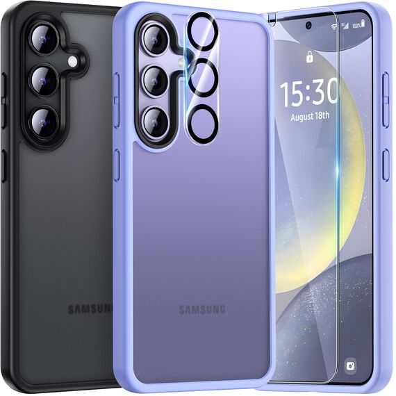 UniqueMe für Samsung Galaxy S24 Hülle, 5-in-1-Set Handyhülle für Samsung Galaxy S24 Case Rundumschutz Schutzhülle Cover,1 Handyhülle & 2 Schutzfolie & 2 Kameraschutz - Matt Lila