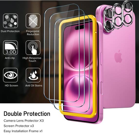 ivoler 3+3 Stück Panzer Schutz Glas für iPhone 16 Plus, 3 Stücke Schutzfolie Mit 3 Stück Kameraschutz und Positionierhilfe, 9H Härte, HD Klar, Anti-Kratz, Anti-Bläschen