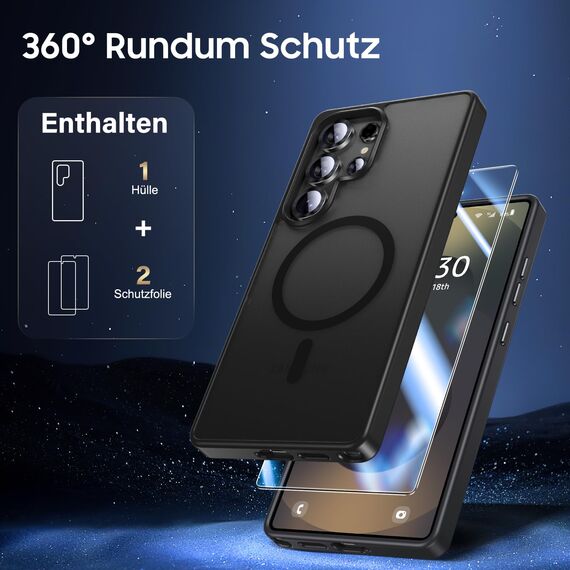 UniqueMe für Samsung Galaxy S25 Ultra Hülle - Handyhülle für Samsung Galaxy S25 Ultra Case,Set Rundumschutz Schutzhülle Cover,1 Handyhülle & 2 Schutzfolie - Matt Schwarz
