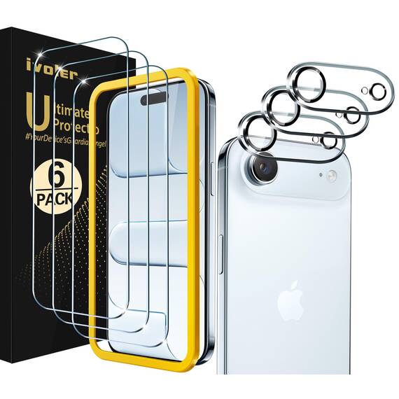 ivoler 3+3 Stück Panzer Schutz Glas für iPhone Air/iPhone 17 Air, Mit 3 Stück Kameraschutz und Positionierhilfe, 9H Härte, HD Klar, Anti-Kratz, Anti-Bläschen, Ultra-klar, Ultrabeständig
