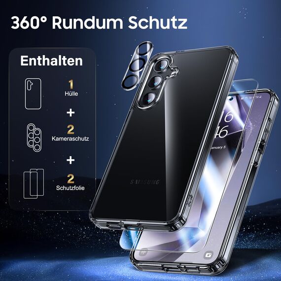 UniqueMe für Samsung Galaxy S24 Hülle, 5-in-1-Set Handyhülle für Samsung S24 Case Rundumschutz Schutzhülle Cover,1 Handyhülle & 2 Schutzfolie & 2 Kameraschutz - Transparent