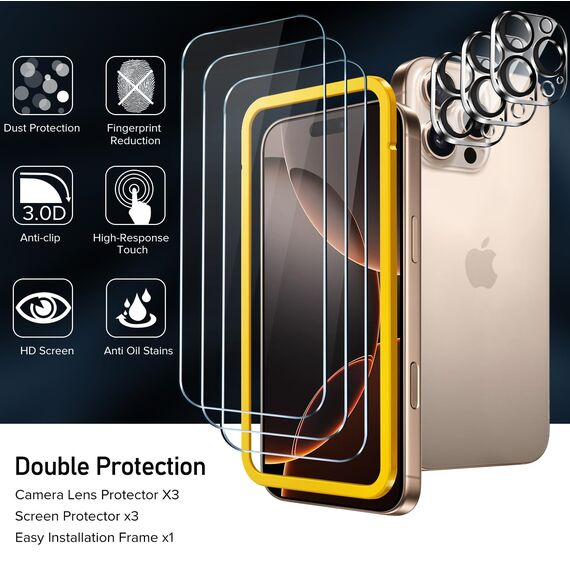 ivoler 3+3 Stück Schutz Glas für iPhone 16 Pro, 3 Stücke Schutzfolie Mit 3 Stück Kameraschutz und Positionierhilfe, 9H Härte, HD Klar, Anti-Kratz, Anti-Bläschen