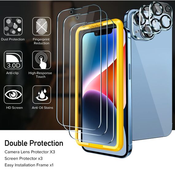ivoler 3+3 Stück Panzer Schutz Glas Kompatibel für iPhone 14 6.1 Zoll, 3 Stücke Schutzfolie Mit 3 Stück Kameraschutz und Positionierhilfe, 9H Härte, HD Klar, Anti-Kratz, Anti-Bläschen