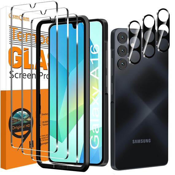 QsmQam 3 Stück Panzer Schutz Glas für Samsung Galaxy A16 4G/5G und 3 Stück Kameraschutz, 9H Härte Panzer folie Schutzfolie, HD Displayschutz Folie, Anti-Kratzer, Bläschenfrei
