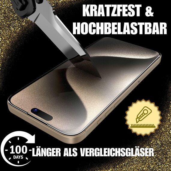 XeloTech Premium-Schutzglas für iPhone 15 Pro - Neue Antistaub-Schablone mit automatischer Ausrichtung, 2 Gläser - Extra Hart härter als 9H