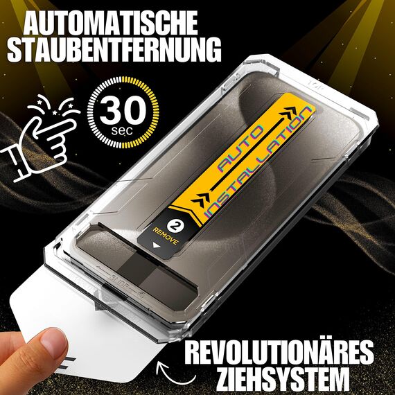 XeloTech Premium-Schutzglas für iPhone 15 Pro - Neue Antistaub-Schablone mit automatischer Ausrichtung, 2 Gläser - Extra Hart härter als 9H