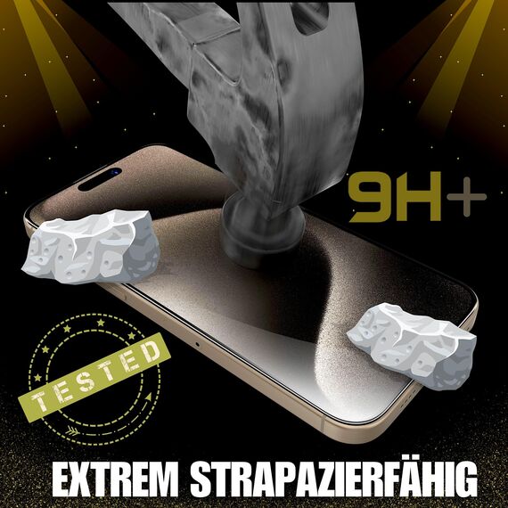 XeloTech Premium-Schutzglas für iPhone 15 Pro - Neue Antistaub-Schablone mit automatischer Ausrichtung, 2 Gläser - Extra Hart härter als 9H