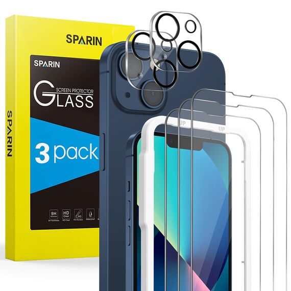 SPARIN Schutzfolie für iPhone 13 6,1 Zoll, 3 Stück Displayschutzfolie und 2 Stück Kameraschutz, 9H Härte Gehärtetes Glas, mit Positionierhilfe