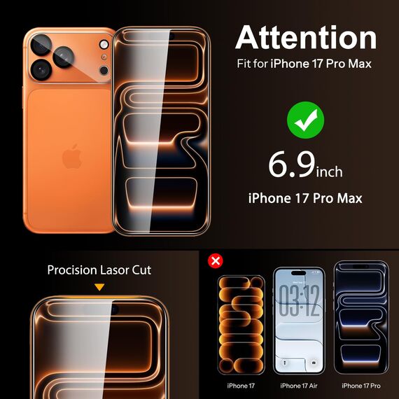 SPARIN Panzer Schutz Glas für iPhone 17 Pro Max, mit Montagerahmen, 3 Stück Schutzfolie und 3 Stück Kameraschutz, 9H Härte, Kratzfest, Stoßfest, HD-Klar, Blasenfrei
