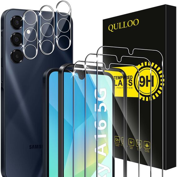 QULLOO Schutzfolie für Samsung Galaxy A16 5G, 3 Stück Displayschutzfolie mit 3 Stück Kameraschutz, 9H Härte Gehärtetes Glas HD Klar Schutzglas Anti-Kratzen Folie