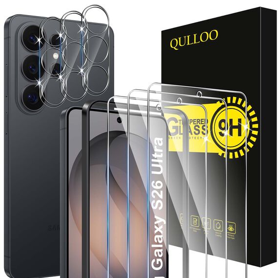 QULLOO Schutzfolie für Samsung Galaxy S26 Ultra für Panzerglas, 3 Stück Displayschutz und 3 Kameraschutz, 9H Härte HD Klar Schutzglas mit Montage Rahmen Anti-Kratzen Glas Folie für Galaxy S 26 Ultra